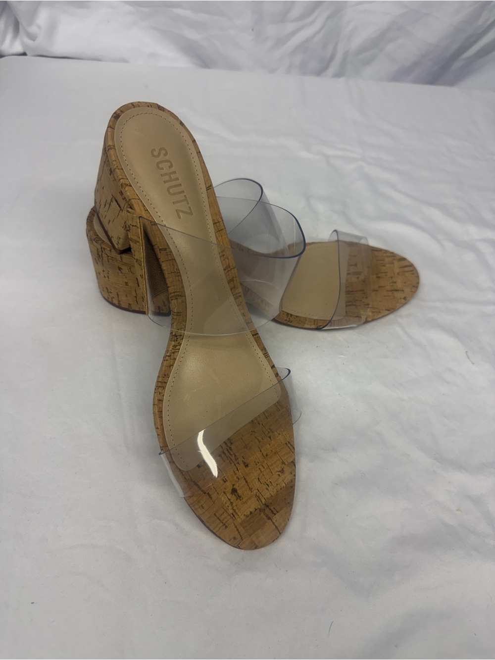 SCHUTZ Clear PVC Cork Block Heel Mules - Natural